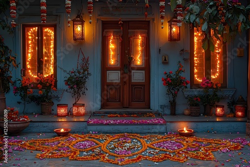 Beautifully Adorned House with Diwali Lights  Colorful Lanterns  and Glowing Rangoli Welcoming the photo