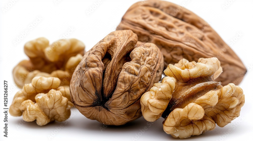 Group of Raw and Shelled Walnuts Isolated on a White Background with Detailed Texture and Shapes Group of Raw and Shelled Walnuts Isolated on a White Background with Detailed Texture and Shapes