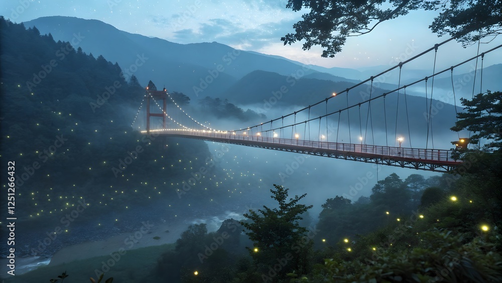 Obraz premium Serene Bridge Illuminated by Fireflies Over Misty Valley at Dusk with Mountain Backdrop
