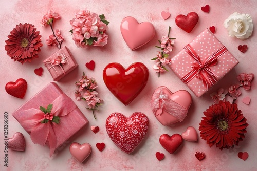 Valentine's Day background with red hearts, gift boxes, and flowers on a pink pastel-colored tabletop view. Love concept for greeting card design template. Flat lay, copy space, stock photo. 