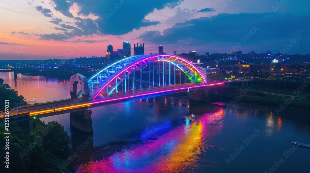 Obraz premium beautiful view of the bridge filled with neon lights