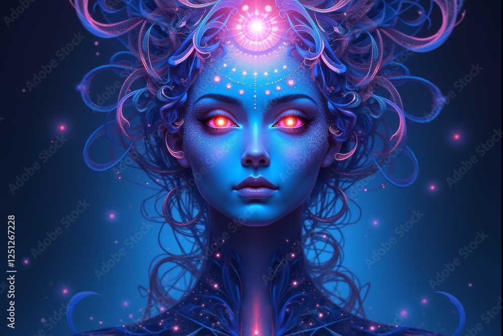 Obraz premium Female face with pink luminous crown and cosmic-style etheric energy patterns on dark background