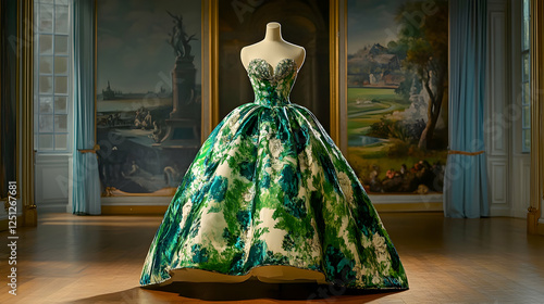 A stunning floral gown glows in a historic gallery during golden hour