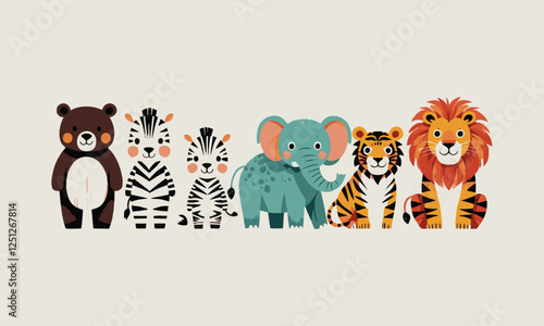 A modern vector illustration featuring six adorable stylized wild animals, easily editable.