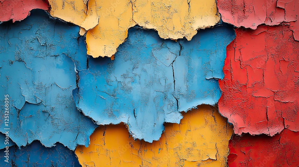 Obraz premium Closeup of colorful blue, red, and orange painted urban wall with wrinkled glued poster template.