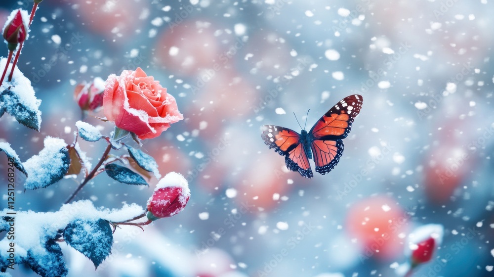 Snow Covered Roses and a Butterfly in Winter Snow Covered Roses and a Butterfly in Winter