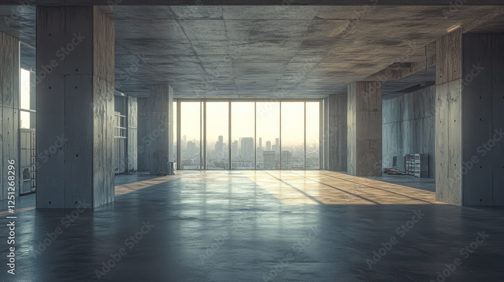 Fototapeta premium Sunrise cityscape view from empty modern concrete office
