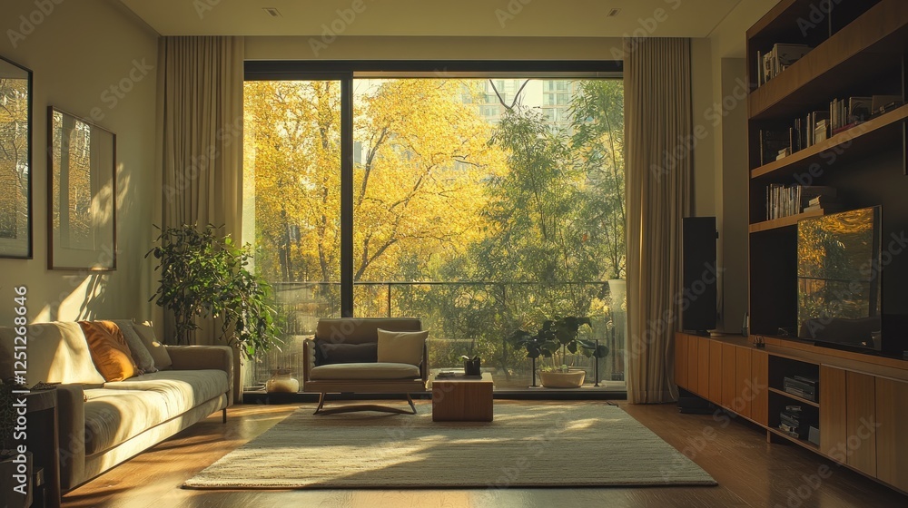 Fototapeta premium Autumn sunlight floods modern living room, city view