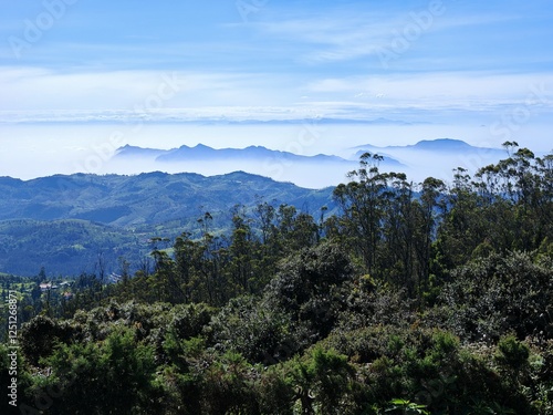 Foggy Nilgiris hills from Doddabetta Peak near Ooty