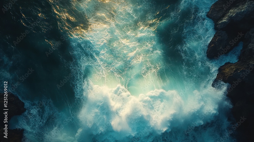 Fototapeta premium Ocean waves crashing against rocks, aerial view, dramatic lighting, coastal background, nature