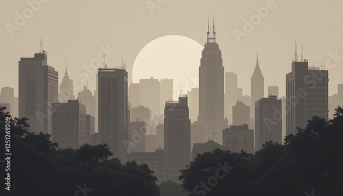A stunning digital illustration of a city skyline at sunset, framed by dark trees. Perfect for urban, minimalist, and nature-themed designs.