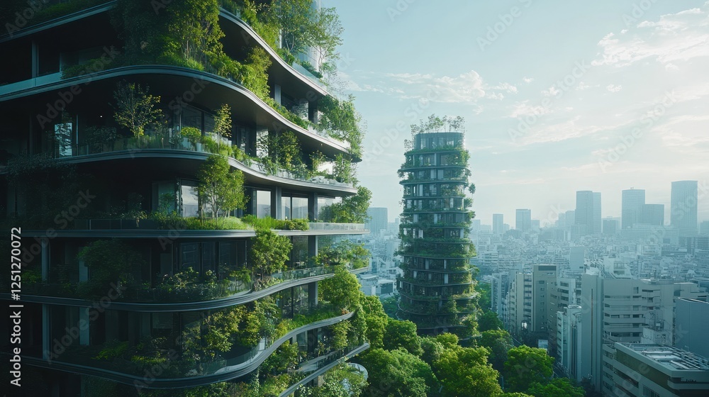 Obraz premium Green city, vertical garden, sustainable architecture, cityscape, sunrise, eco-friendly, building, Japan