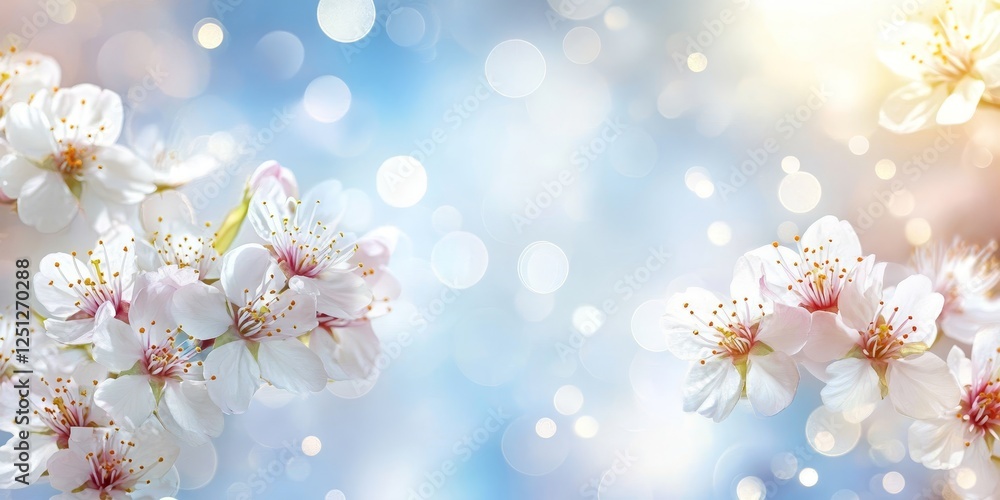 Spring Background, Cherry Blossom Branch with Delicate White and Pink Petals, Sunlight, and Bokeh Spring Background, Cherry Blossom Branch with Delicate White and Pink Petals, Sunlight, and Bokeh