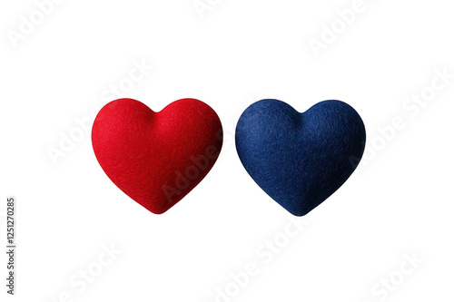Two fabric hearts, red and blue, isolated on transparent background