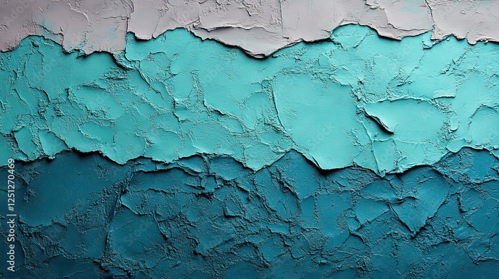 Obraz premium Closeup of geometrical teal and mint painted urban wall with wrinkled glued poster template. Modern mockup for design.
