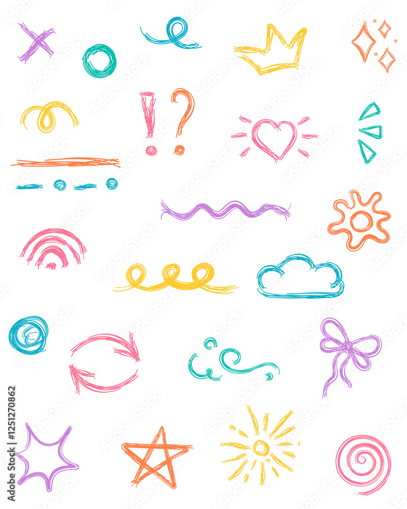 Naklejka premium Set of Color Scribble Elements, Hand Drawn Doodles, Icon, Grunge, Scribble Drawn with Pen, Sketch