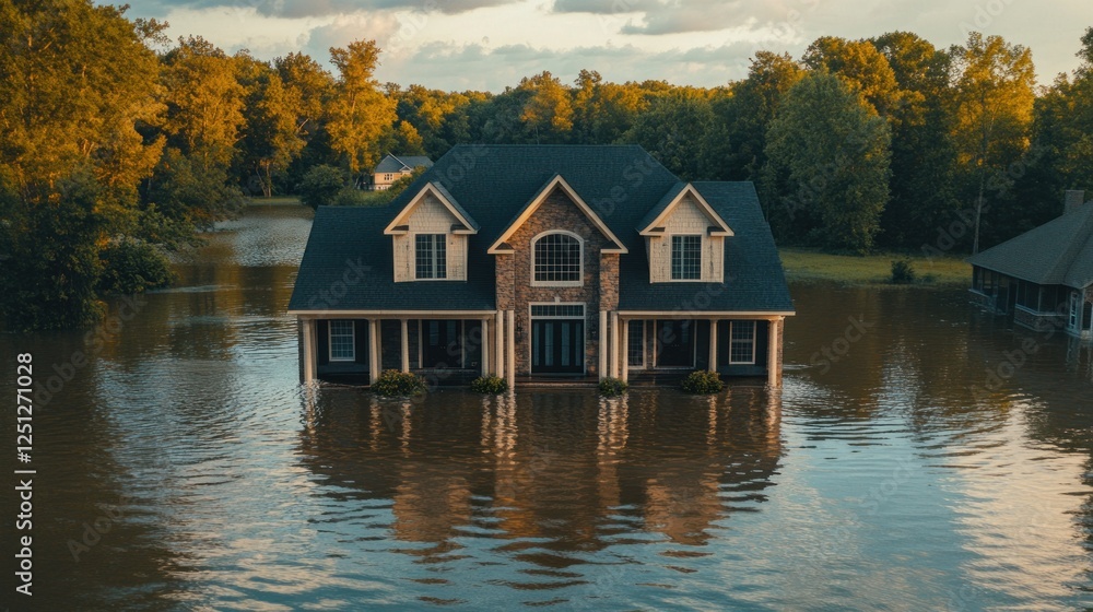 Fototapeta premium Flooded suburban home, aerial view, sunset, insurance