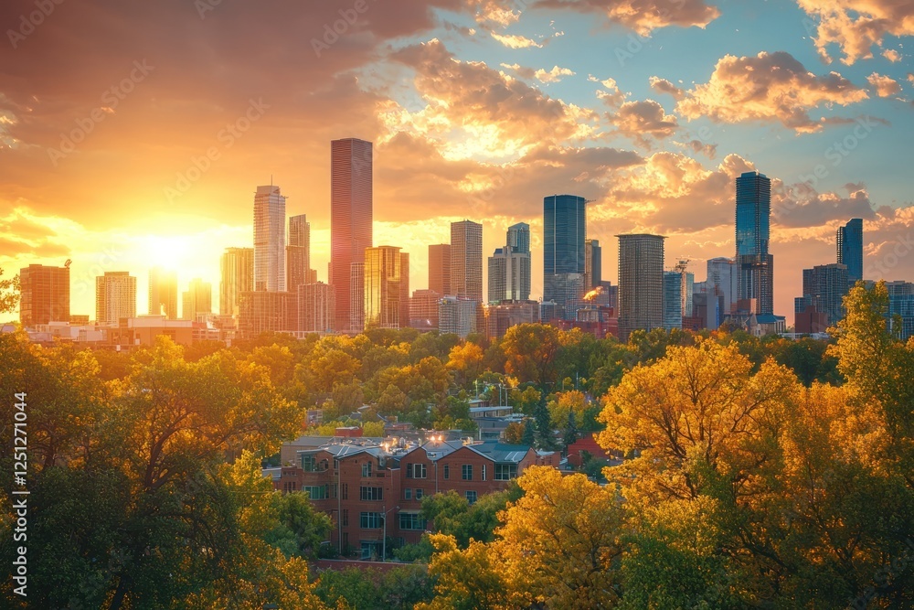 Obraz premium Autumn Sunset Cityscape Golden trees, urban skyline, dramatic sky, residential area