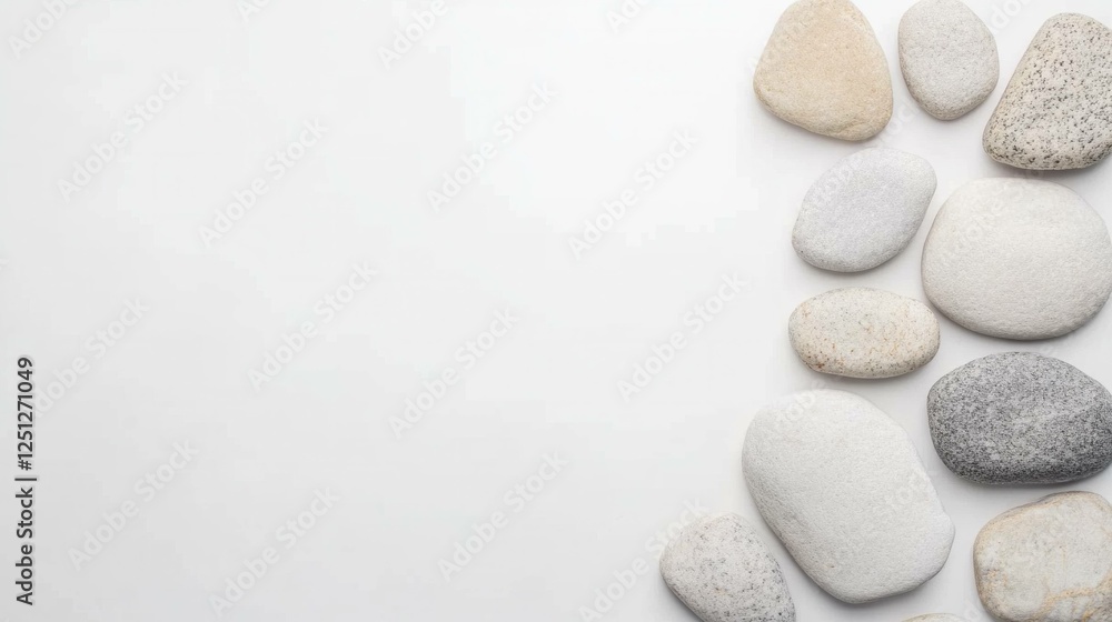 Smooth white and grey pebbles arranged on a light background, creating a minimalist and tranquil atmosphere ideal for wellness and relaxation concepts Smooth white and grey pebbles arranged on a light background, creating a minimalist and tranquil atmosphere ideal for wellness and relaxation concepts