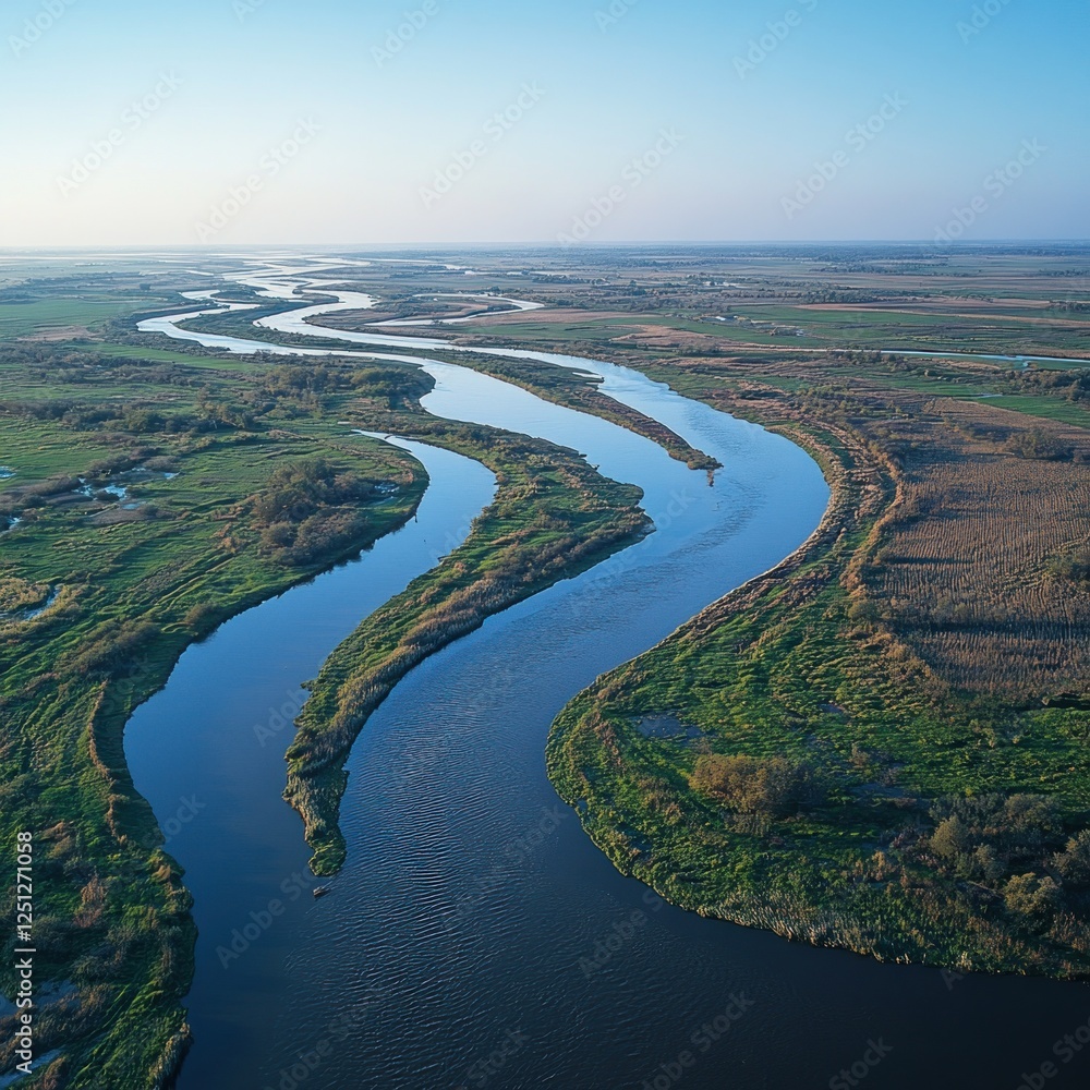 Fototapeta premium Aerial view meandering river, flatlands, sunrise, nature, travel brochure