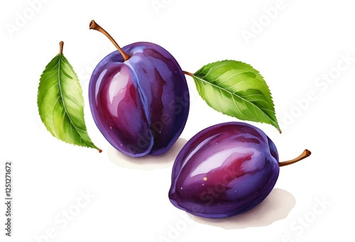 Purple plums and leaves hand painted vector on white background photo