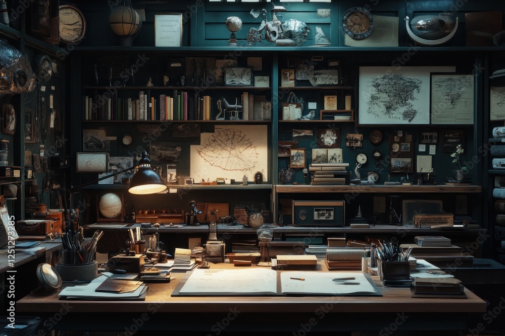Dark study, cluttered desk, antique maps, globe, bookshelves, night, writing Dark study, cluttered desk, antique maps, globe, bookshelves, night, writing