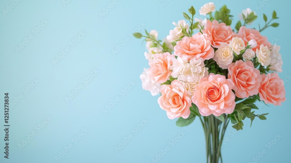 Peach And Cream Roses Bouquet On Light Blue Background Peach And Cream Roses Bouquet On Light Blue Background