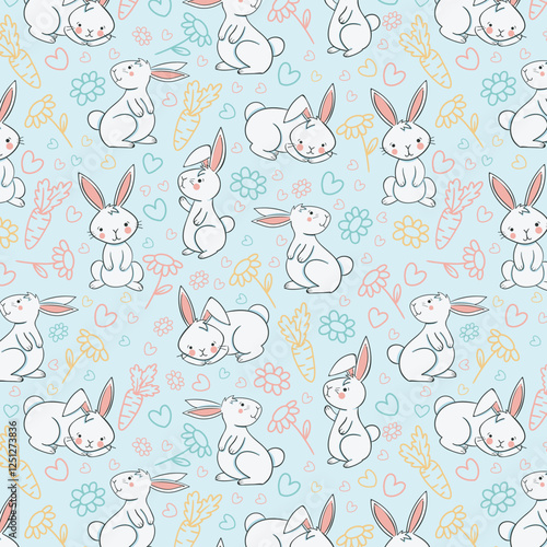 Floral wallpaper with hares. Animal concept. Trendy pattern. Can be used as wallpapers, wrapping paper, cards, etc. Hygge style.