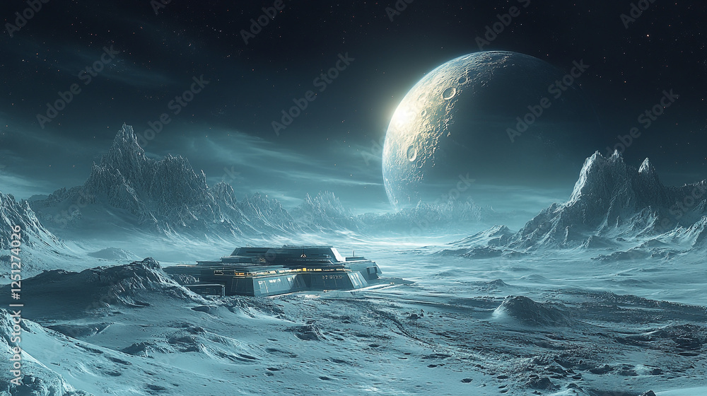 Fototapeta premium Exploration base on a lunar landscape under a large distant moon at twilight
