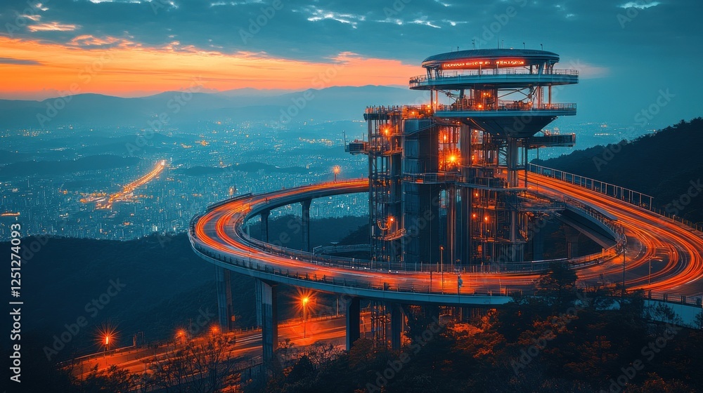 Fototapeta premium Sunset city view from hilltop observation tower with spiral road