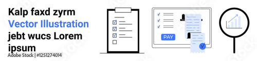 Clip showing clipboard with tasks, payment confirmation, graph in magnifying glass. Ideal for digital payments, task management, analytics, reports, evaluations, tracking systems abstract line flat