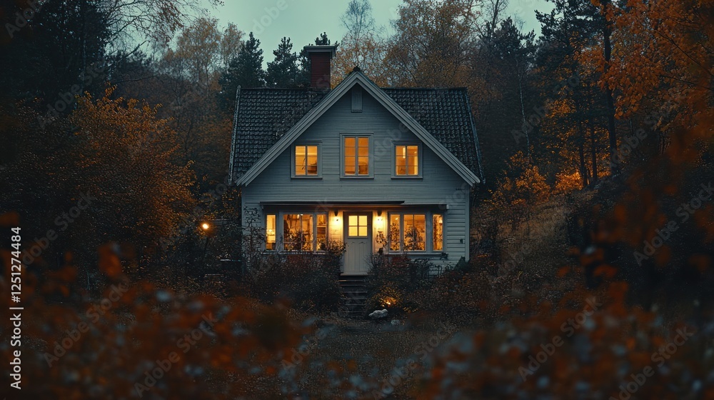 Autumn evening, illuminated house, forest setting, cozy home, fall foliage Autumn evening, illuminated house, forest setting, cozy home, fall foliage