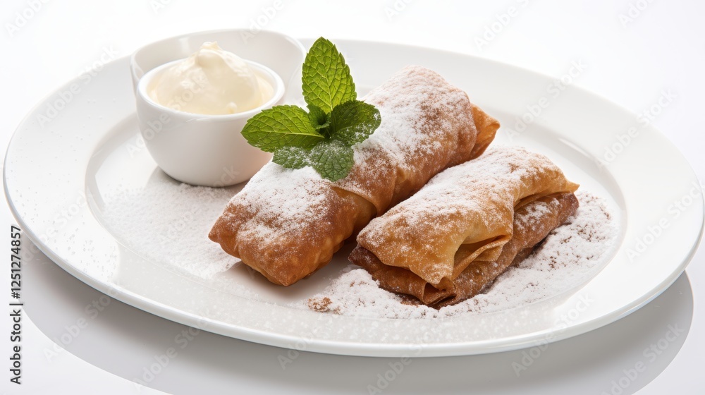 Delicious crispy pastry rolls filled with sweet filling, garnished with powdered sugar and fresh mint leaves, served with creamy dip on a bright plate Delicious crispy pastry rolls filled with sweet filling, garnished with powdered sugar and fresh mint leaves, served with creamy dip on a bright plate