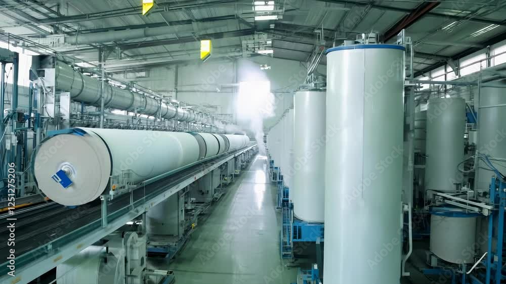 Massive rolls of paper processed in a large paper mill facility with advanced machinery and efficient operations Massive rolls of paper processed in a large paper mill facility with advanced machinery and efficient operations