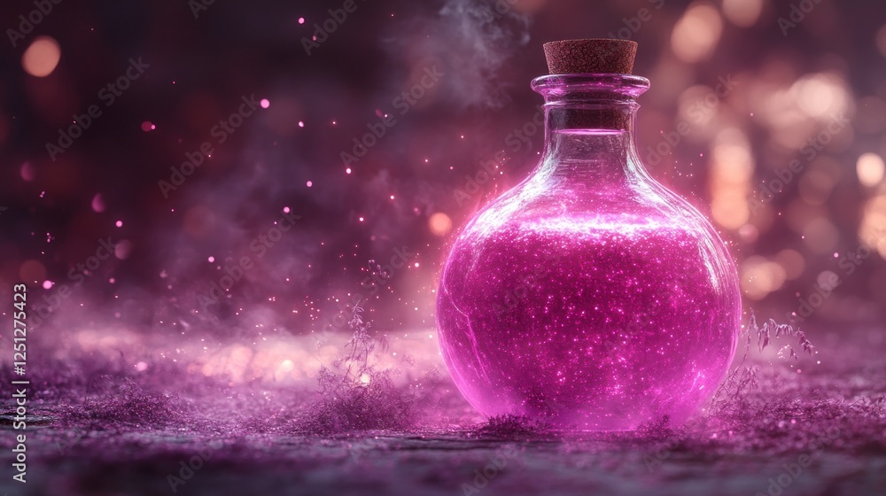 Glowing potion bottle, fantasy scene, magic Glowing potion bottle, fantasy scene, magic