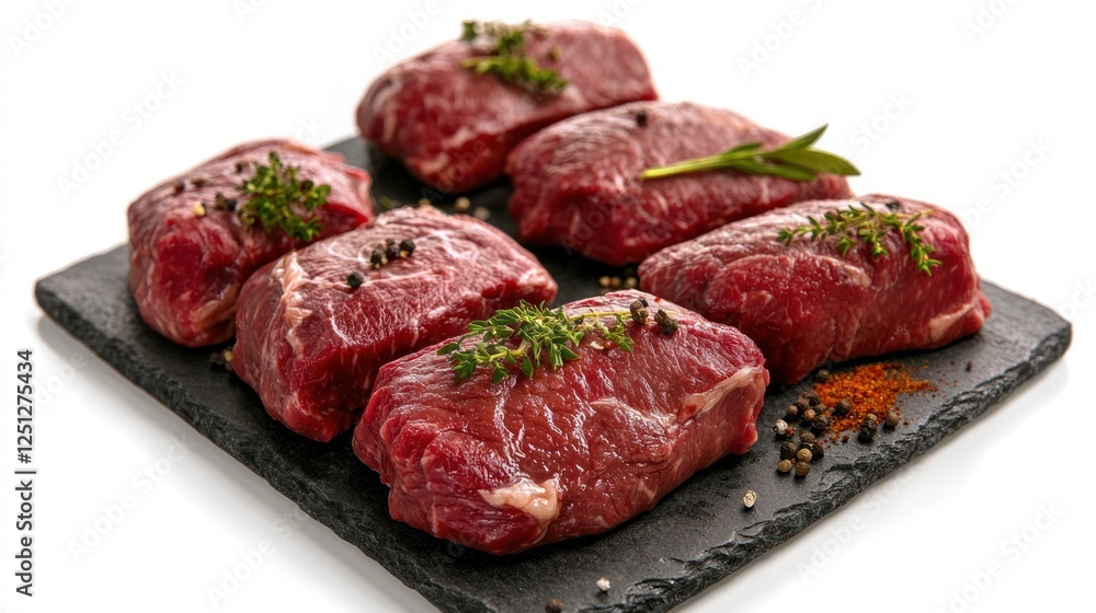Fresh cuts of red meat arranged on a slate platter with herbs and spices for culinary presentation Fresh cuts of red meat arranged on a slate platter with herbs and spices for culinary presentation