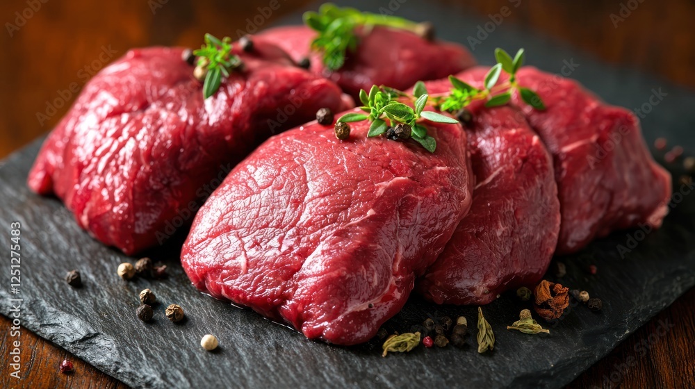 Freshly cut beef steaks arranged on a slate platter with herbs and spices for culinary presentation Freshly cut beef steaks arranged on a slate platter with herbs and spices for culinary presentation