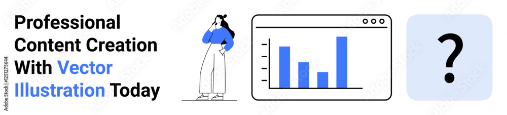 Woman pondering next to digital bar chart browser window and question mark icon. Ideal for analytics, business strategy, content creation, marketing, education, innovation, flat landing page banner Woman pondering next to digital bar chart browser window and question mark icon. Ideal for analytics, business strategy, content creation, marketing, education, innovation, flat landing page banner