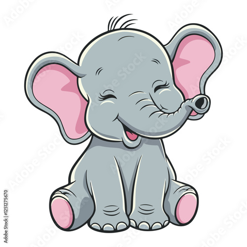 A cheerful baby elephant with big ears and a friendly smile is playing joyfully