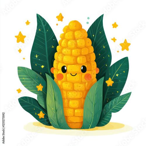 Cute Cartoon Character Peeking Out from Corn Surrounded by Leaves
