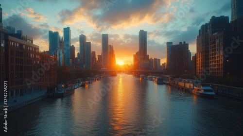 Wallpaper Mural City river sunset, urban skyline, boats, golden hour, cityscape Torontodigital.ca