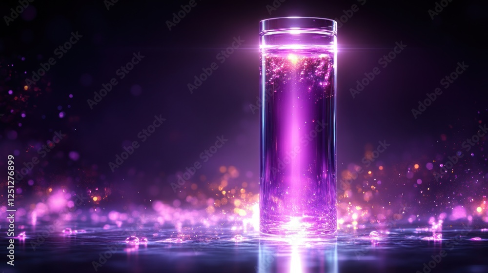 Glowing purple drink, dark studio, energy, ad Glowing purple drink, dark studio, energy, ad