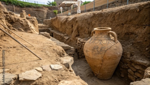 An ancient clay amphora buried in the excavation site with exposed earth around it, archaeological find, ancient amphora photo