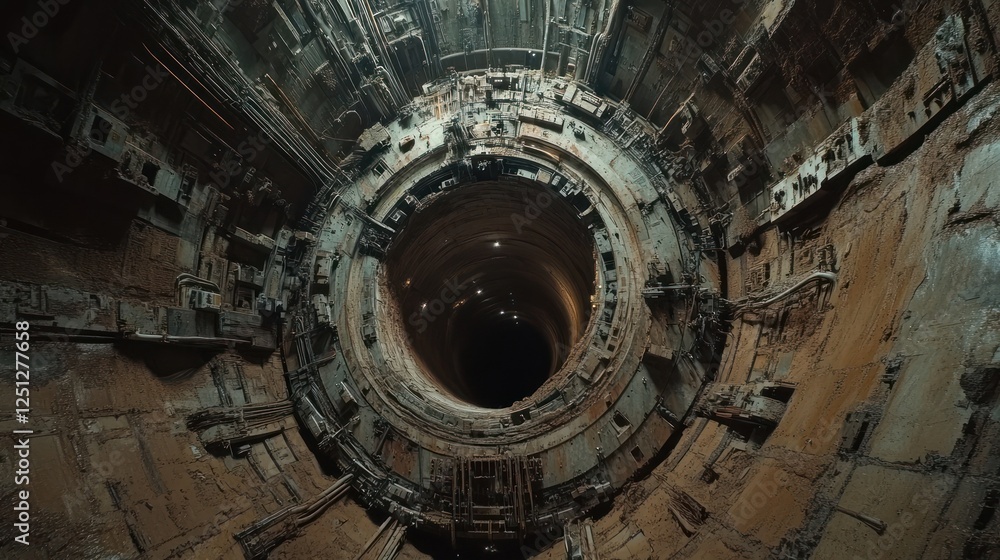 Underground tunnel construction, interior view, drilling, machinery, earthworks Underground tunnel construction, interior view, drilling, machinery, earthworks