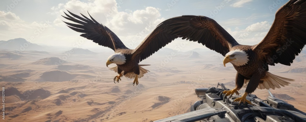 Naklejka premium An eagle's piercing gaze is fixed on the horizon as it steers its plane over vast open landscape, eagle, land