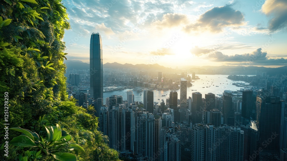 Fototapeta premium Sunrise Hong Kong cityscape view from lush hillside