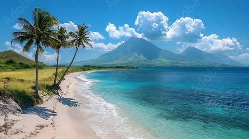 Wallpaper Mural Tropical Beach with Mountains and Palm Trees Torontodigital.ca