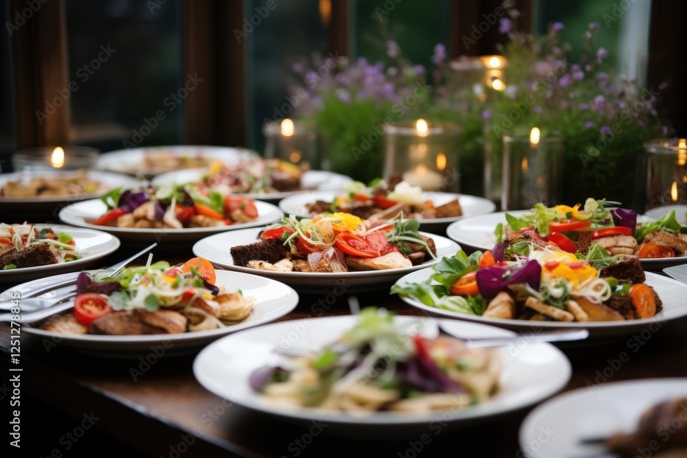 Exquisite Wedding Food Preparation: Elegant Plates of Colorful Dishes with Fresh Vegetables and Candles for a Memorable Celebration Exquisite Wedding Food Preparation: Elegant Plates of Colorful Dishes with Fresh Vegetables and Candles for a Memorable Celebration
