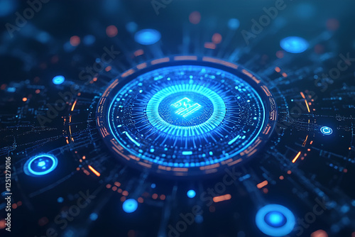 Futuristic blue technology background with fiber optics and glowing light spots