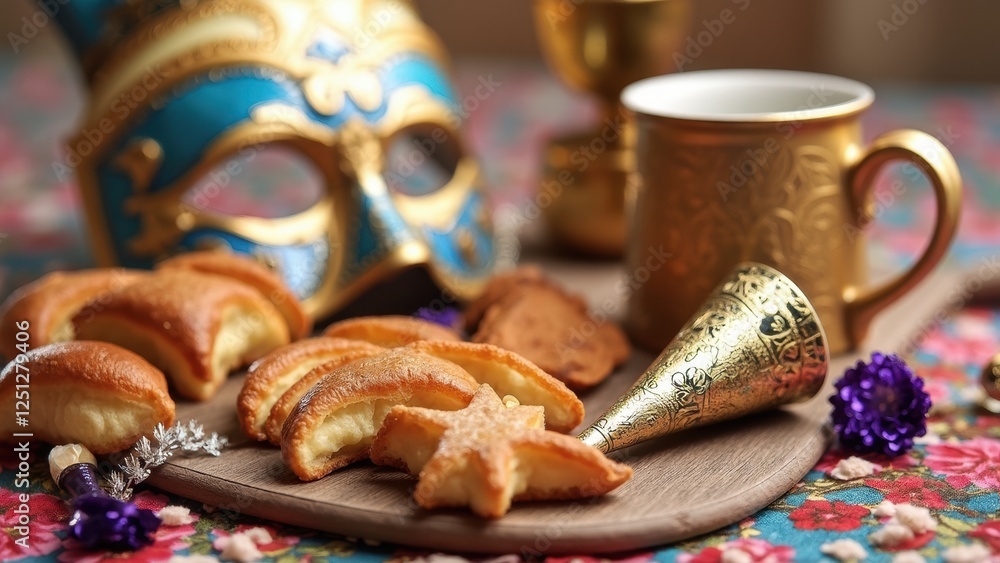 Fototapeta premium Celebrate Purim With Traditional Hamantaschen Cookies, Carnival Mask, and Noisemaker on a Festive Table Setting
